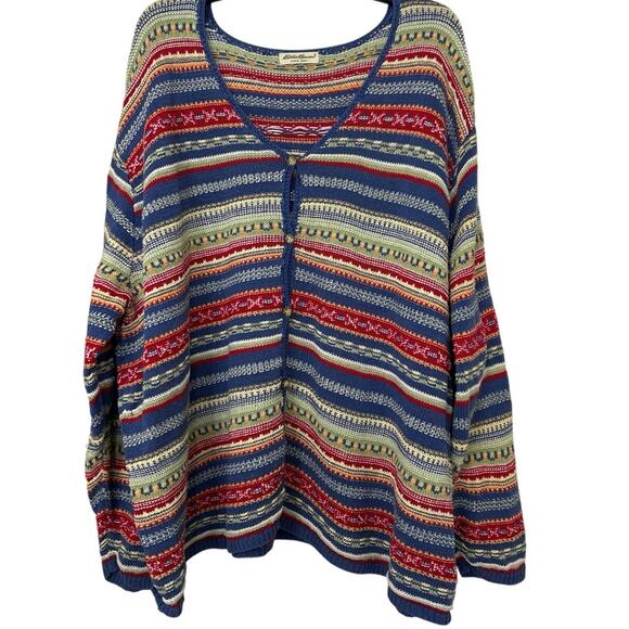 Eddie Bauer Vtg 90s Linen Cotton Knit Sweater Southwestern Boho Cardigan 2X - Picture 1 of 14